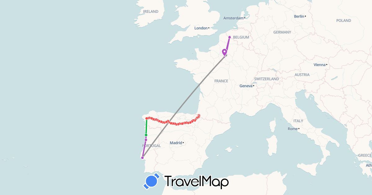 TravelMap itinerary: bus, plane, train, hiking in Spain, France, Portugal (Europe)